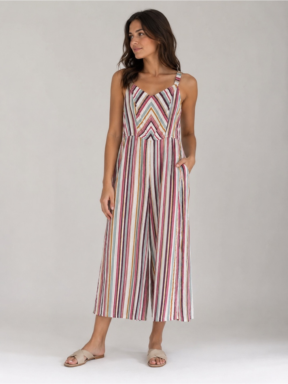 Lane Bryant Jumpsuit Plus 16 Striped Wide Leg Sleeveless Belted Rayon Pockets